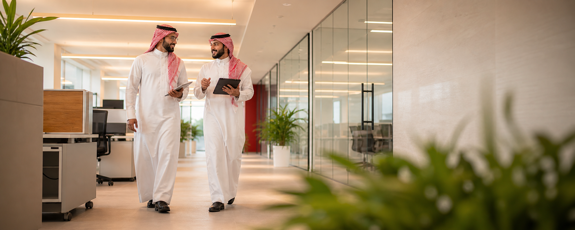 Saudi professionals walking through a modern office